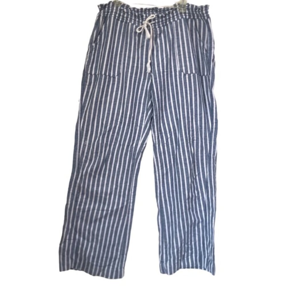 STYLE ME Striped Linen Cotton Straight Wide Leg Casual Pants Elastic Waist Cord